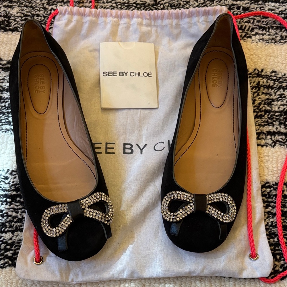 See By Chloe Black Flats with Crystal Bow
